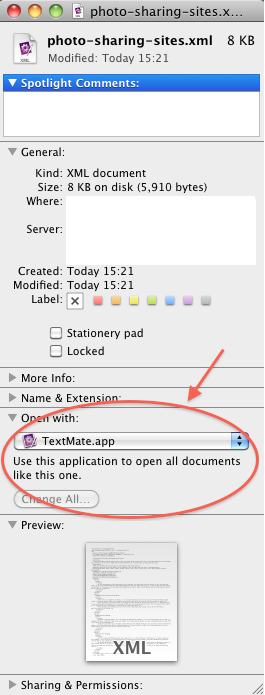MacOS screenshot showing the "get info" dialogue box with default file editor options highlighted